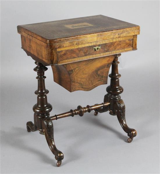 A Victorian figured walnut and Tunbridgeware combined games and work table, W.1ft 11in. D.1ft 5in. H.2ft 5in.